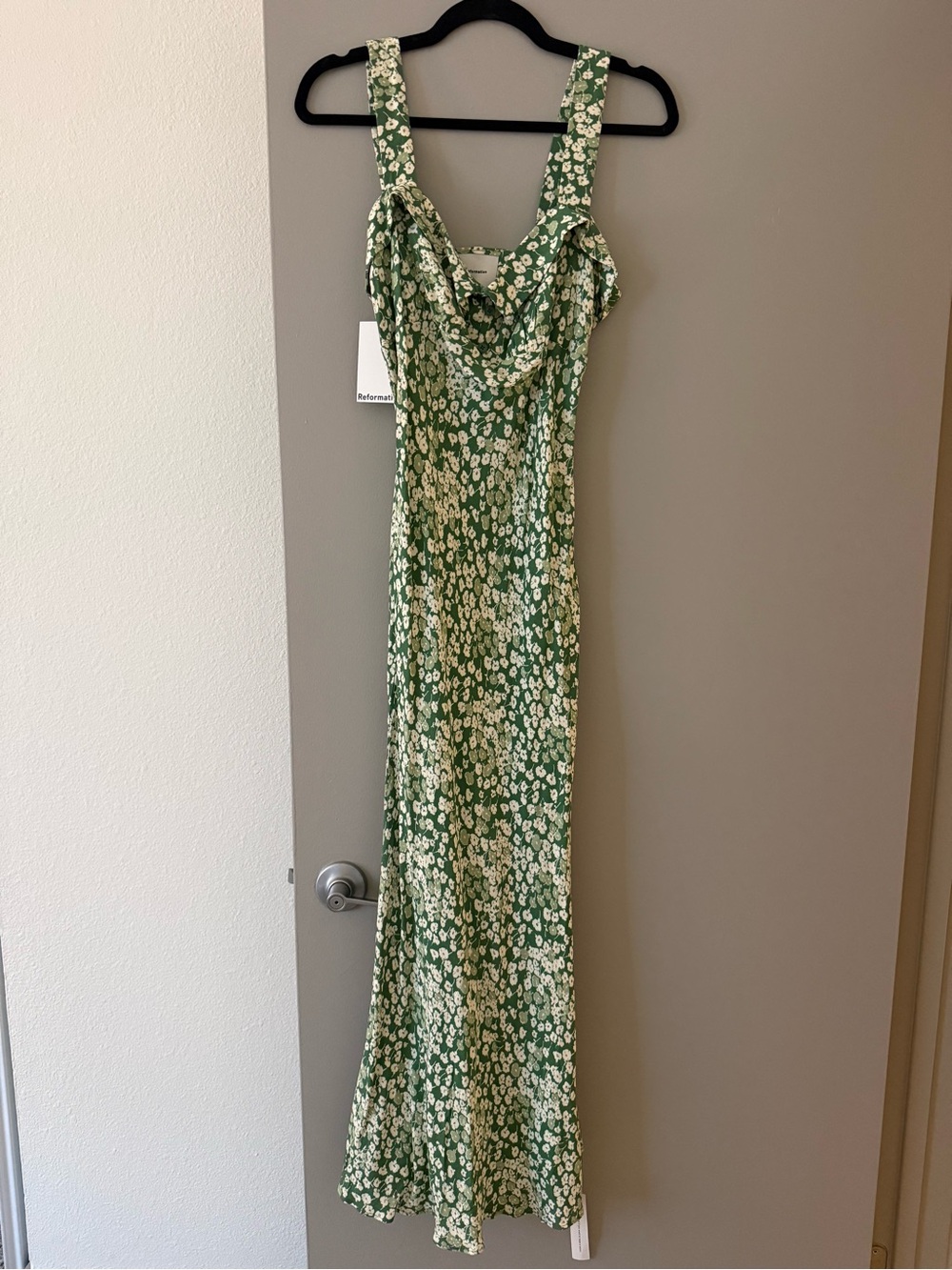 Reformation Green and White Floral Cowl Neck Maxi Dress